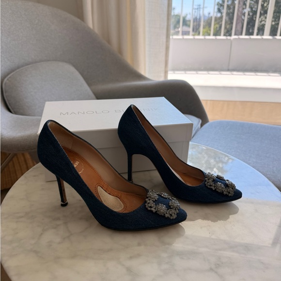 Manolo Blahnik 105mm Denim Blue Jean Hangisi Heels with Crystal Buckle 37.5 - Picture 3 of 7